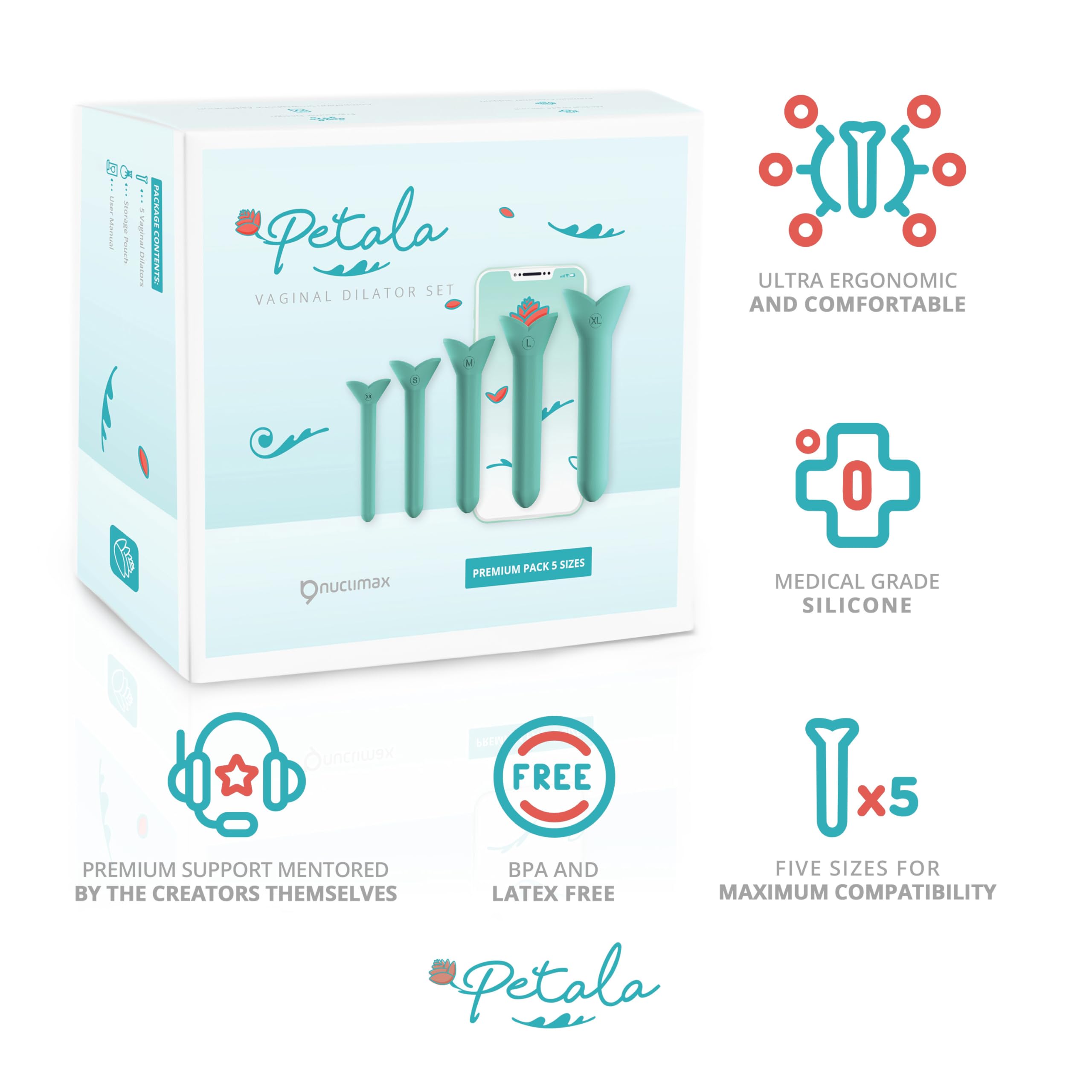 Dilatadores de Silicona - Músculos del Suelo Pélvico - Entrenador para Mujer con Aplicación para Smartphone - Kit de 5 piezas