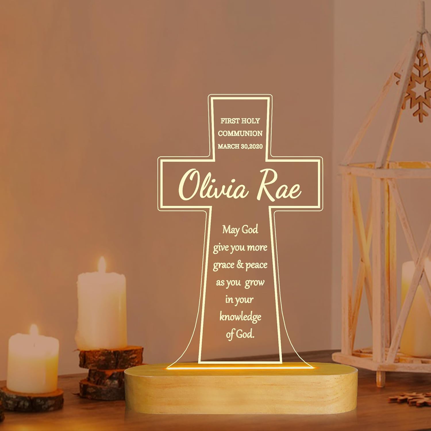 Ammonite Personalised First Communion Gift, Customize Cross Wooden Lamp Novelty Night Light lamp for Kids, Kids Decoration Lamp USB Power Bedroom Decor Godparents Gifts Christening Dedication Gift
