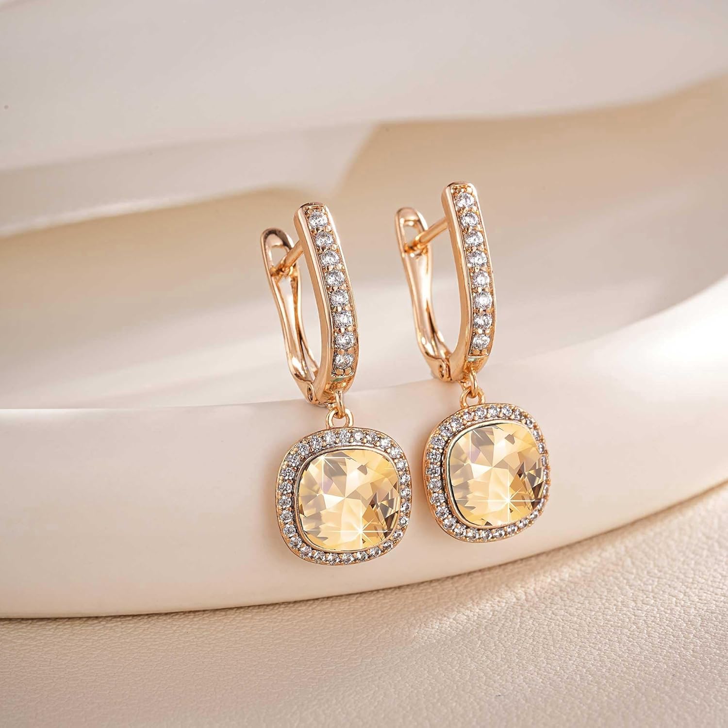 EVEVIC Austrian Crystal Leverback Square Cushion Halo Dangle Huggie Earrings for Women 14K Gold Plated Hypoallergenic Jewelry Gift - Image 6