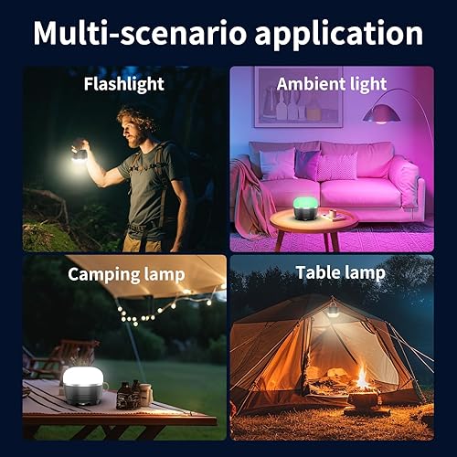 Miniatura 9 de Linterna de campamento recargable de 1000 lúmenes, 11 modos de luz con luces RGB que cambian de color, luz portátil para tienda de campaña con base