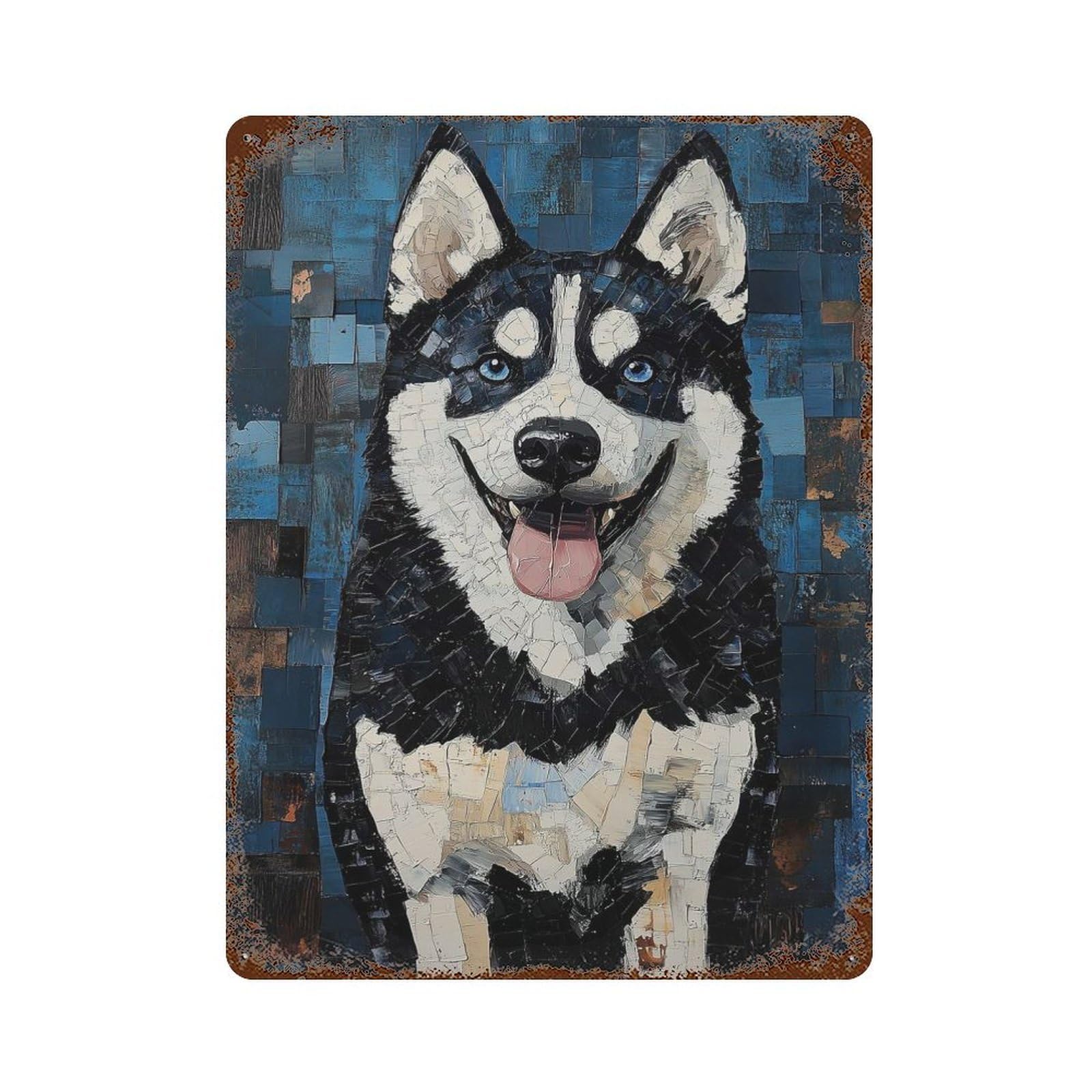 Husky Mosaic Portrait 15.7"x11.8" Rustic Tin Plaque, Novelty Wall Decor for Living Room, Hallway And Home Decor