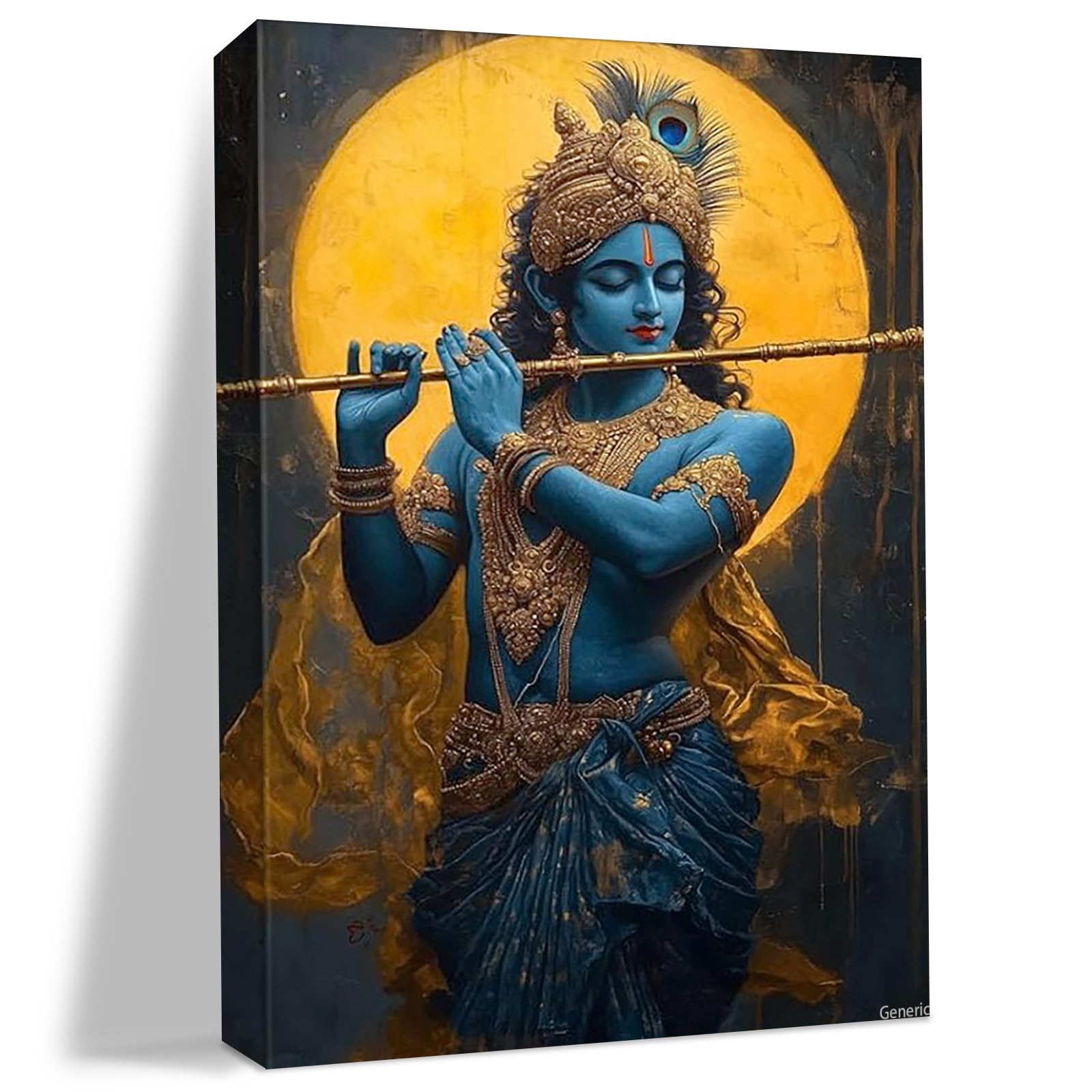 Krishna Canvas Wall Art, Meditative Lord Krishna Print Poster, Canvas Wall Art Meditative Lord with Flute, Hindu God Poster, Zen Wall Decor, Spiritual Room Decor Framed, 8x10inch 20x25cm
