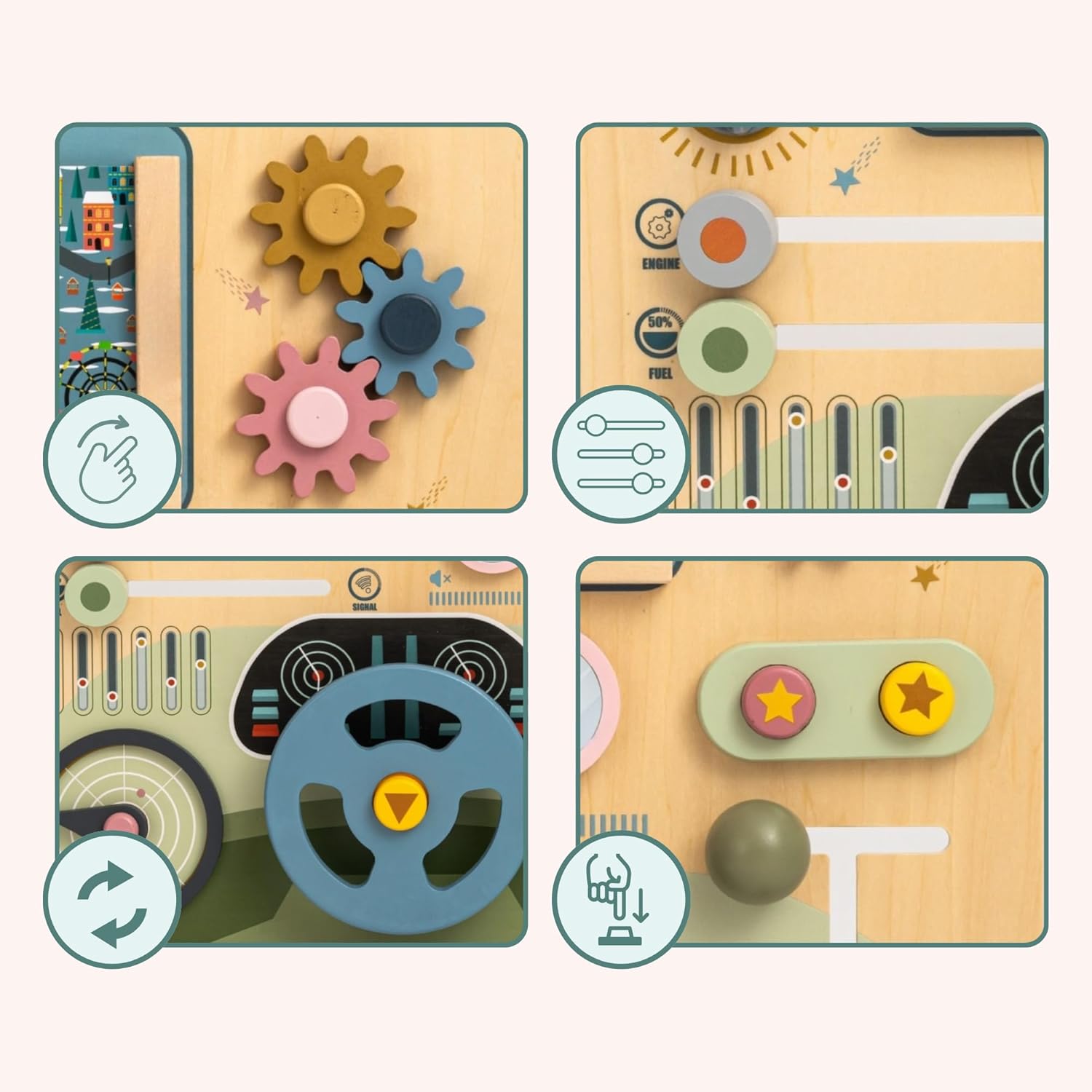 Montessori Wooden Space Board 2 in 1 - Driver's Cabin and Remote Control, 8 Boards, Handlebar, Gear, Radar, Educational Board 45x45cm for Kids 18m+