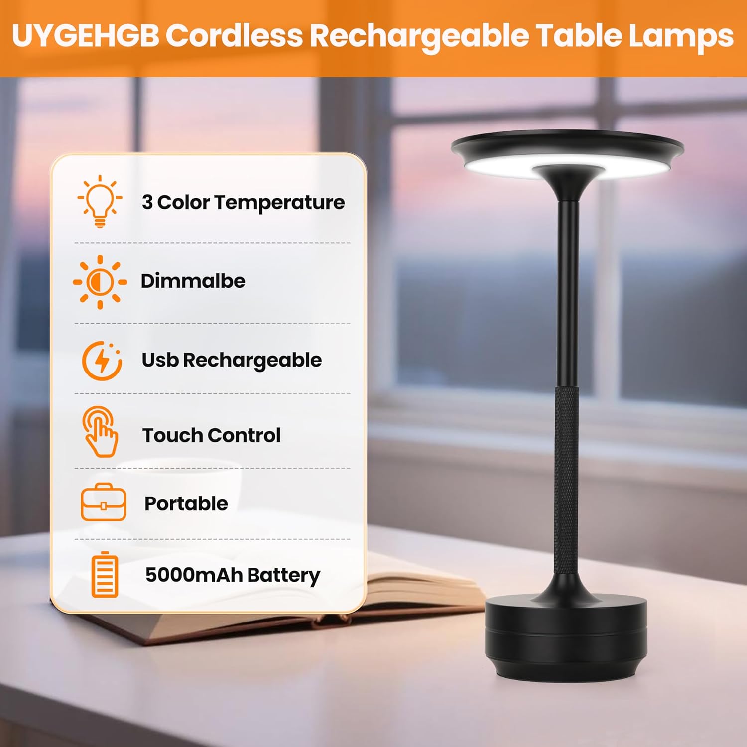 2-Pack Cordless Table Lamp Rechargeable 5000mAh, 3-Color Stepless Dimming Touch Sensor, Portable LED Desk Light for Bedroom, Nightstand, Camping, Patio (2-Pack Black)
