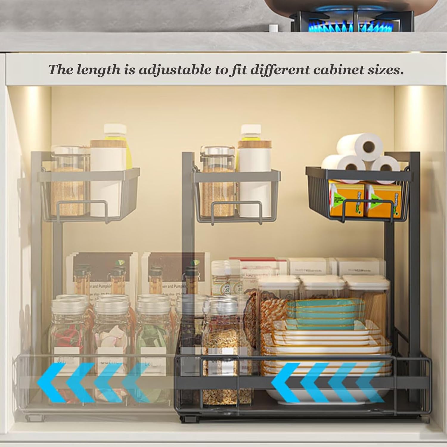 Pull-Out Cabinet Organizer - Rust-Proof Metal Under Sink Storage with Sliding Drawers & Spoon Holder, Multi-Purpose Space Saver for Kitchen Bathroom Pantry, Black, 12.2-19.6in