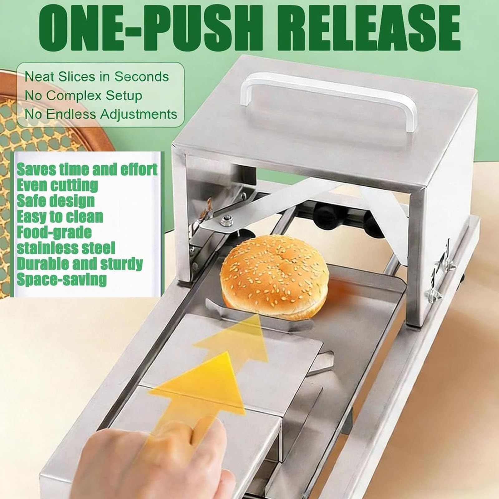 Cortador de bagel comercial manual para hamburguesas, guillotina de pan con hoja de acero inoxidable para cortar bagels y rebanadas de panecillos, máquina de porción portátil para el hogar y panadería