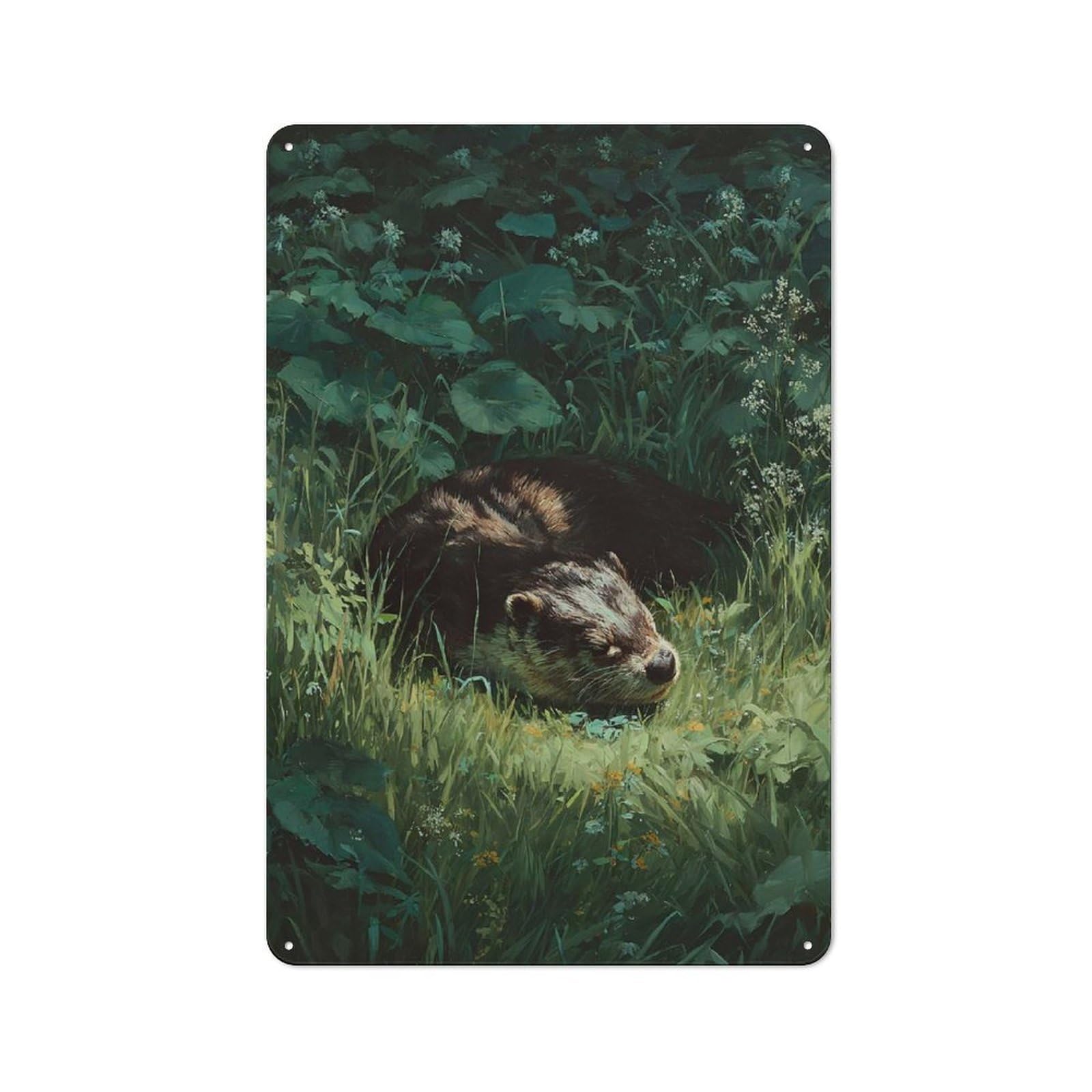 Junmoney Style-17 Rustic Tin Sign 30X20cm Featuring Otter Sleeping In Lush Green Grass For Garage Or Workshop, For Garage, Workshop And Man Cave Decoration
