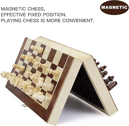 Miniatura 5 de AMEROUS Juego de ajedrez magnético de madera de 12 x 12 pulgadas para niños y 6 años en adelante, 2 reinas adicionales, tablero plegable con ranuras