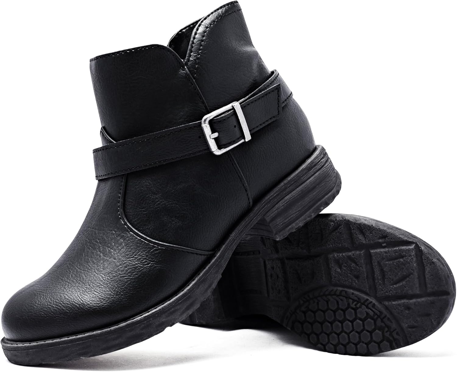 Ataiwee Women's Ankle Boots - Classic Side Zip, Cover with Buckle Strap, Round Toe, Comfortable Platform, Low Chunky Heel Comfort Slip On Fashion (Black/Dark Brown/Grey) Boots. - Image 4