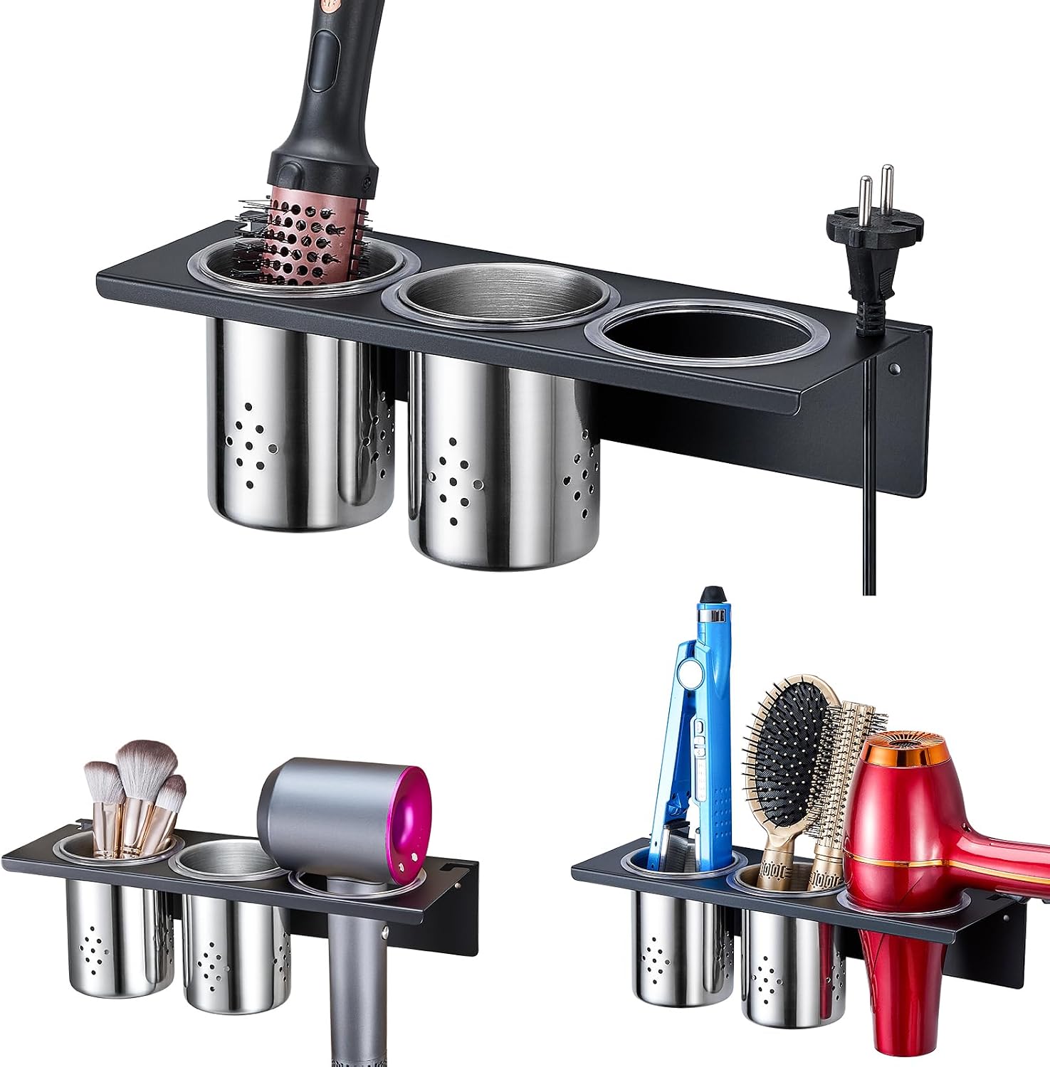 Wall Mount Hair Tool Organizer, 3-in-1 Blow Dryer Holder with 2 Cups for Curling Wand & Flat Iron & Brushes & Hair Straighteners, Hot Tool Holder Hair Dryer Holder for Bathroom Vanity (Black)
