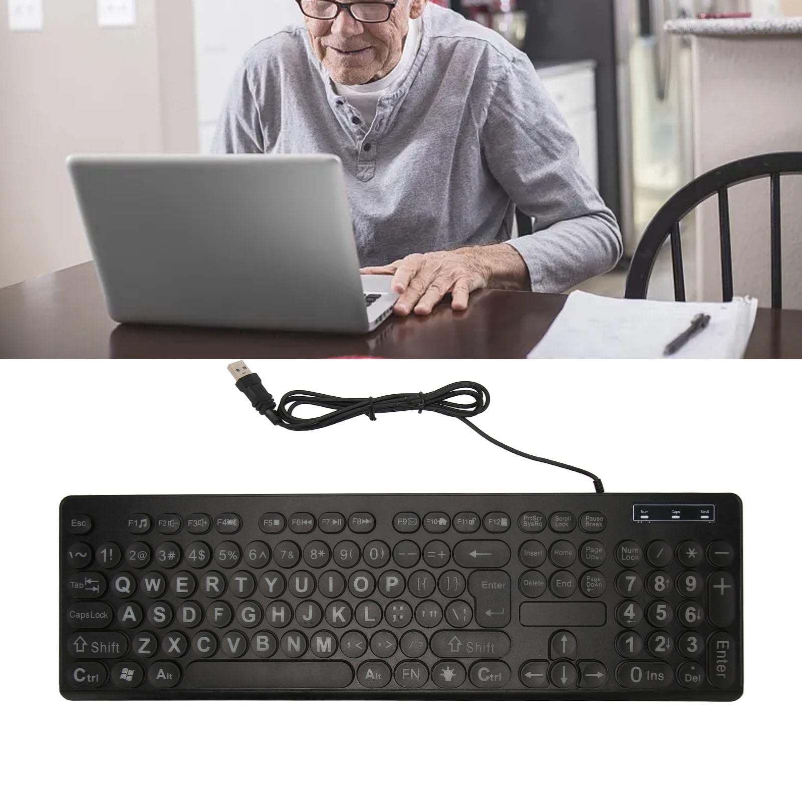 Tastiera Retroilluminata con Caratteri Grandi, Tastiera Illuminata per Anziani o Ipovedenti, Tastiera USB a 104 Tasti con Lettere Oversize