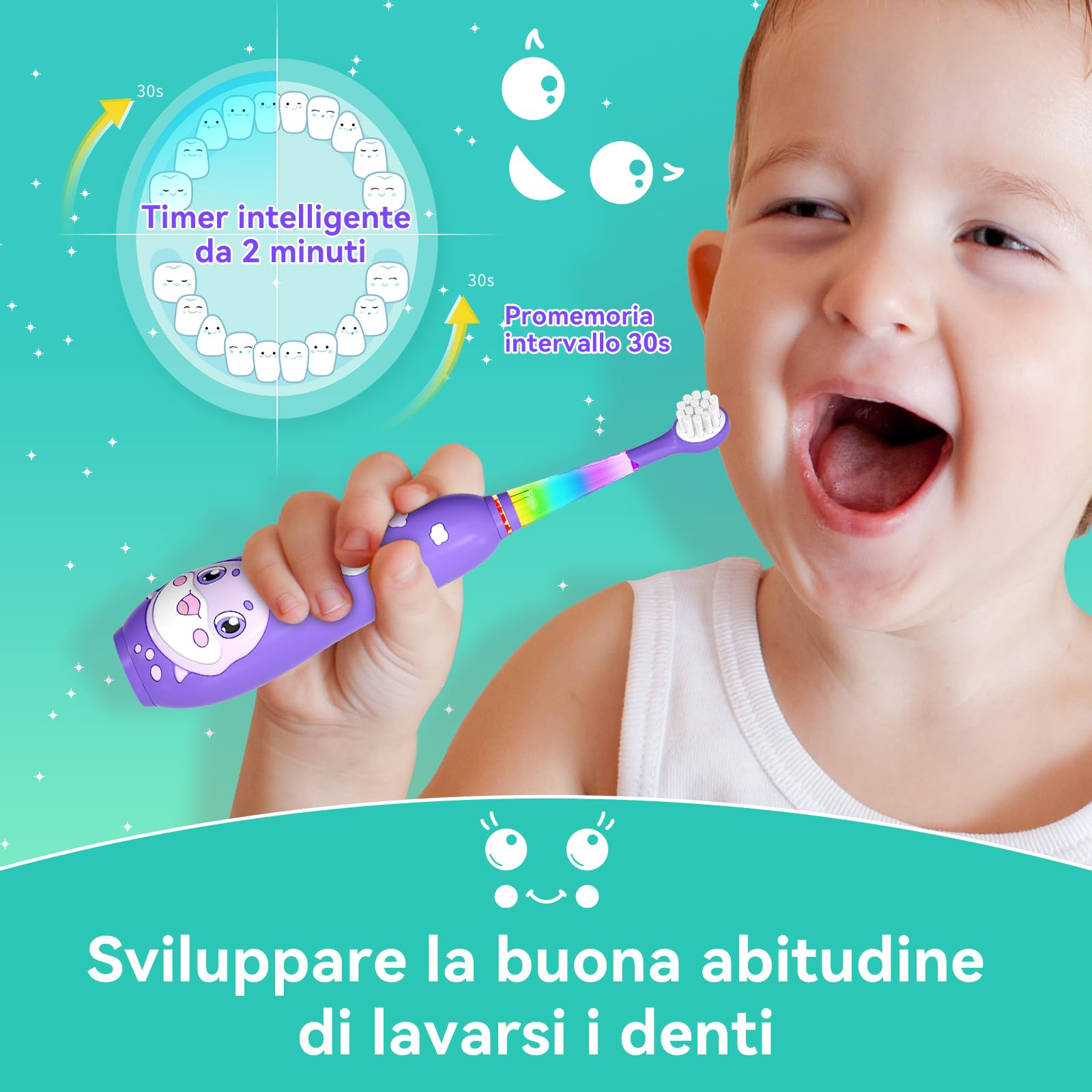 Spazzolino Elettrico Bambini Spazzolino Denti Elettrico Spazzolini Elettrici Spazzolino Bambini 0-6 Anni Spazzolino Da Viaggio Con 8 Testine Per, Luce LED, modello balena SG-2139,Viola