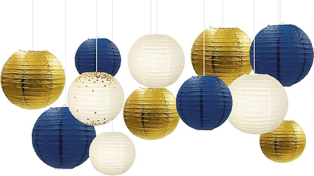 NICROLANDEE Nautical Party Supplies - 12PCS Navy Blue and Gold Glitter Paper Lanterns Hanging Decorations for Navy Party, Birthday, Wedding, Bridal Shower, Bachelorette, Graduation, Wall Decor