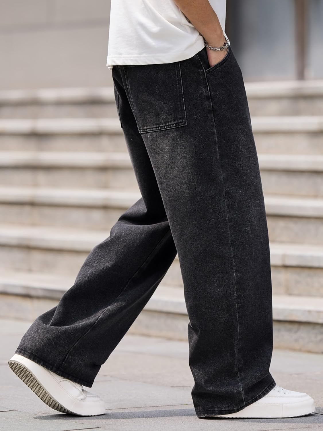 Mens Baggy Jeans Distressed Wide Leg Denim Pants Casual Loose Fit Trousers Streetwear - Image 4