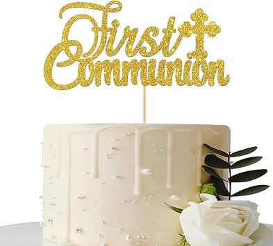 Gold Glitter First Communion Cake Topper - First Communion Cake Decoration for Kids - God Bless Cake Topper