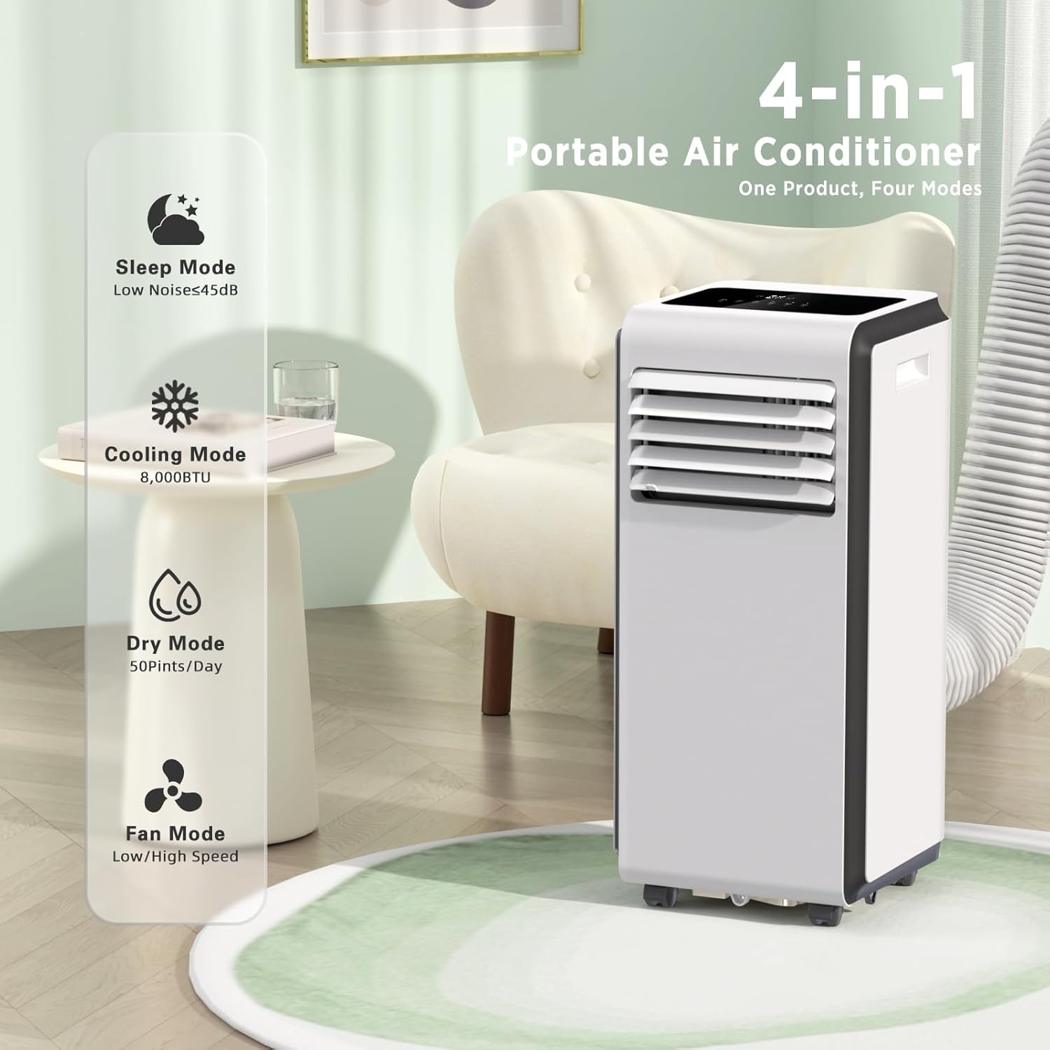 ZAFRO Portable Air Conditioner showing 4 modes: Sleep, Cooling, Dry, and Fan.