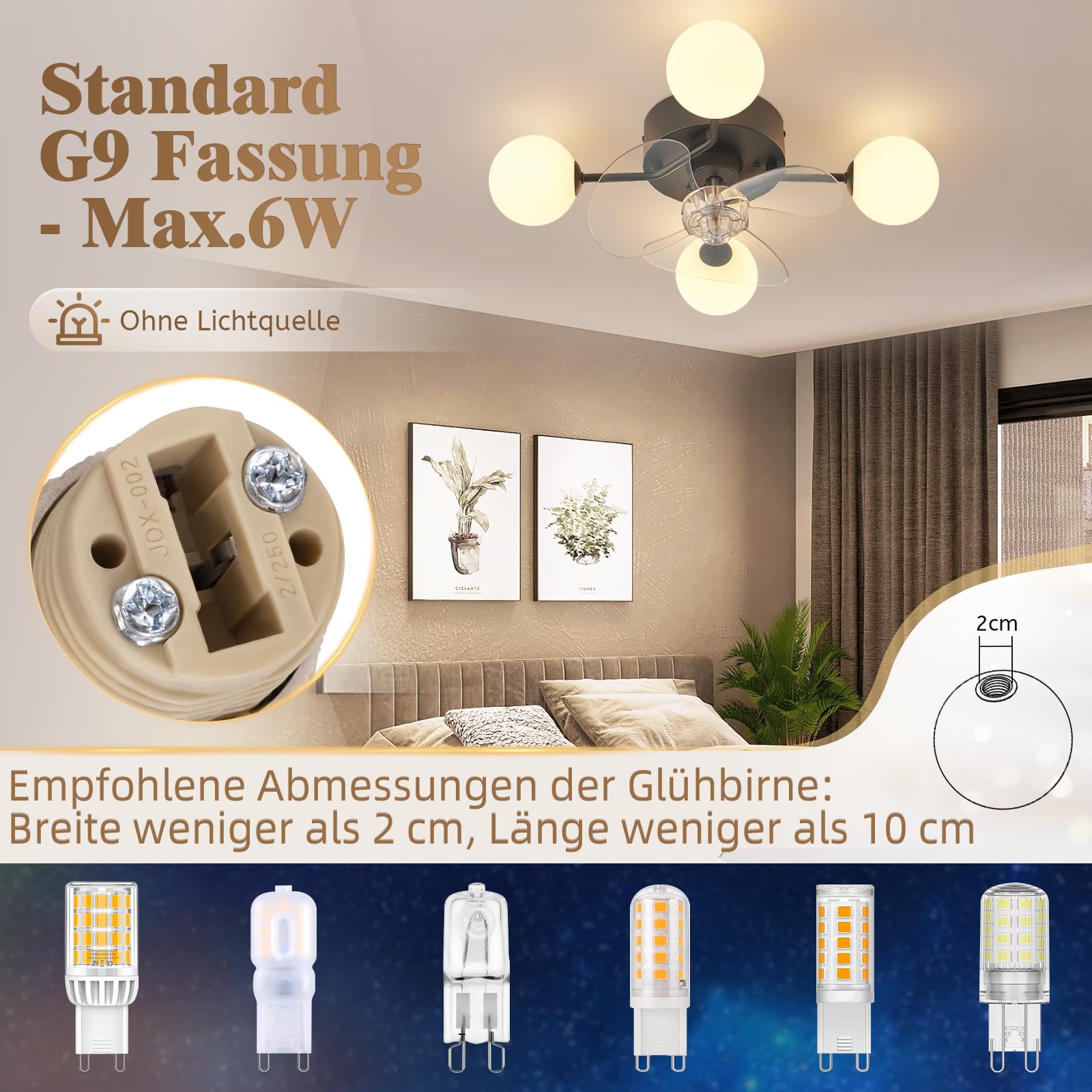 Homefire Deckenventilator G9 Kugel 4 Flammig Deckenlampe mit Ventilator | Leise Deckenventilatoren, 6-Gang Timer Schwarz Küche Lampe Mit Ventilator/Fernbedienung für Esszimmer - Ohne Leuchtmittel