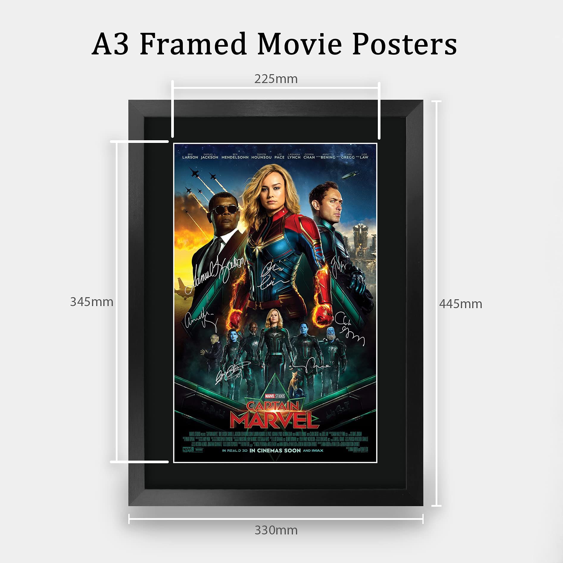 HWC Trading A3 FR Captain Marvel Brie Larsson und Cast Geschenke Printed Poster Autogramm Bild für Film-Memorabilia Fans - A3 Eingerahmt