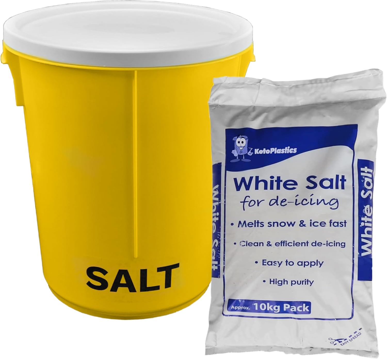 25L Yellow Grit Salt Bin 43cm with Lid and 10kg White DeIcing Salt for