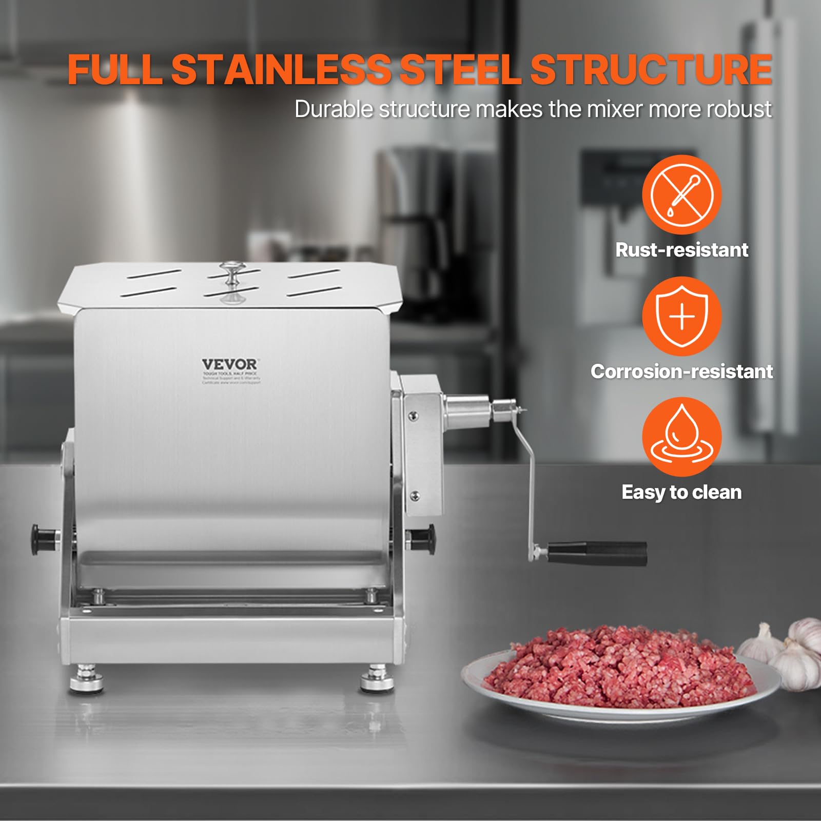 VEVOR BX-20T - Equipo de procesamiento de tanque inclinable de 30 L (mezcla máxima de 30 libras, carne de acero inoxidable, máquina de salchichas con reductor de engranajes de mango de tapa, batidora