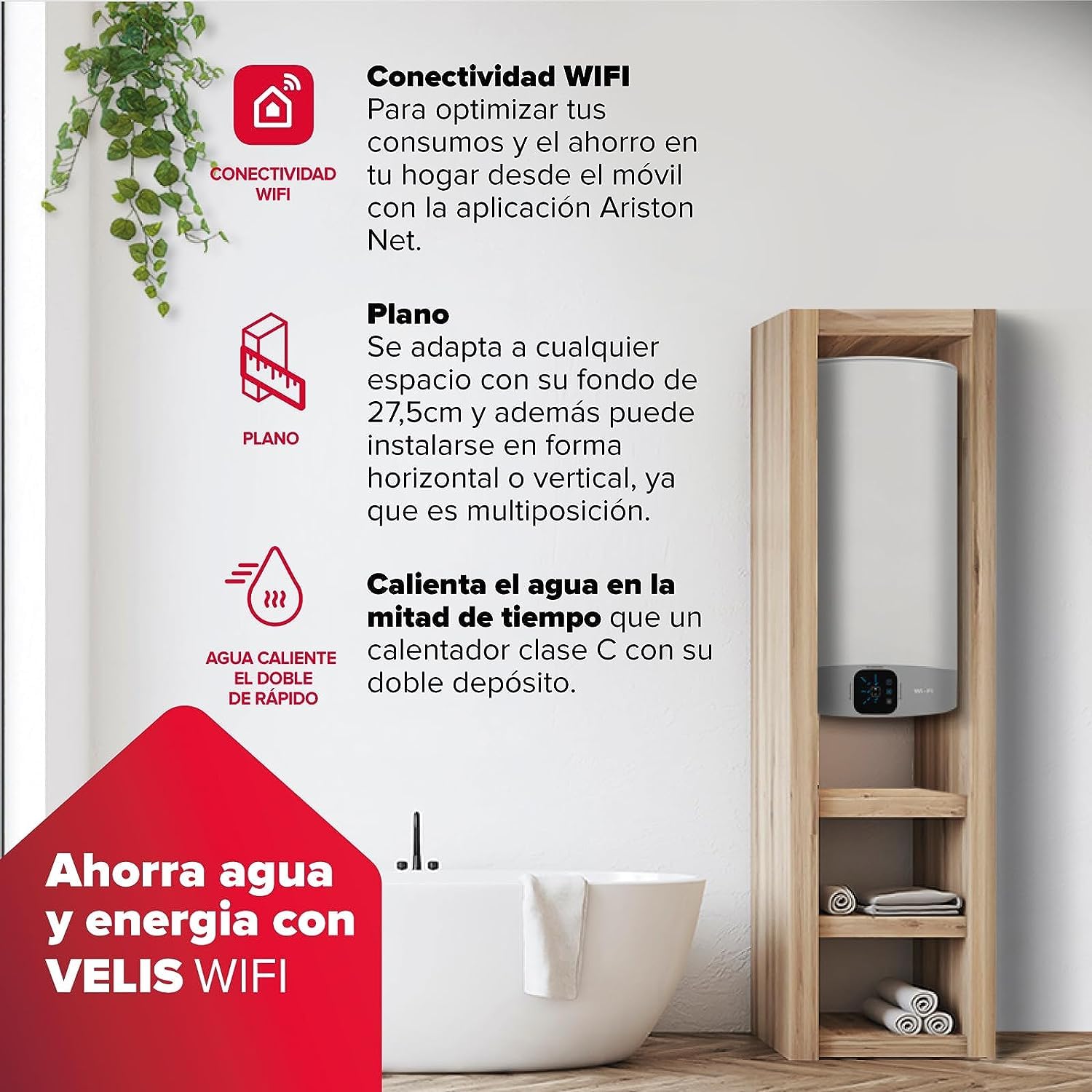 Ariston Velis Wifi – Thermos elettrico, 30 litri, a basso consumo, scaldabagno elettrico orizzontale e verticale, 50,6 x 27,5 x 53,6 cm, prodotto per l'installazione in Spagna