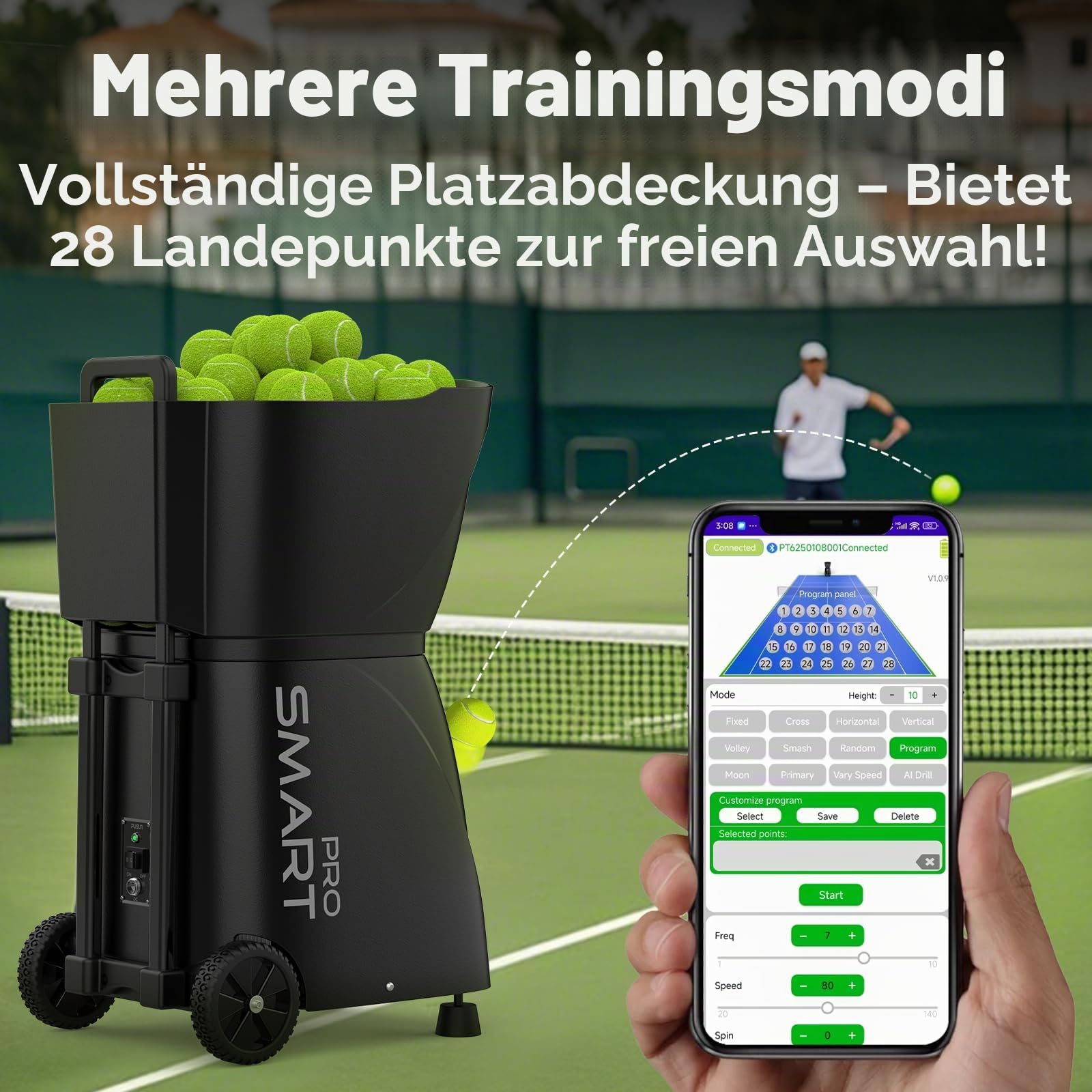 PUSUN Tennis Ball Machine, Padel Tennis Ball Launcher mit 115+Ball Kapazität, Dreifach-Steuerung über App/Remote/iWatch, AI Drill/Programmierung/Zufall, 4-6Stunden Batterie Lebensdauer, Protable