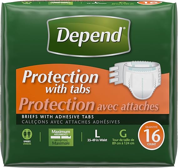 Depend Incontinence Protection with Tabs, Maximum Absorbency, L, 16