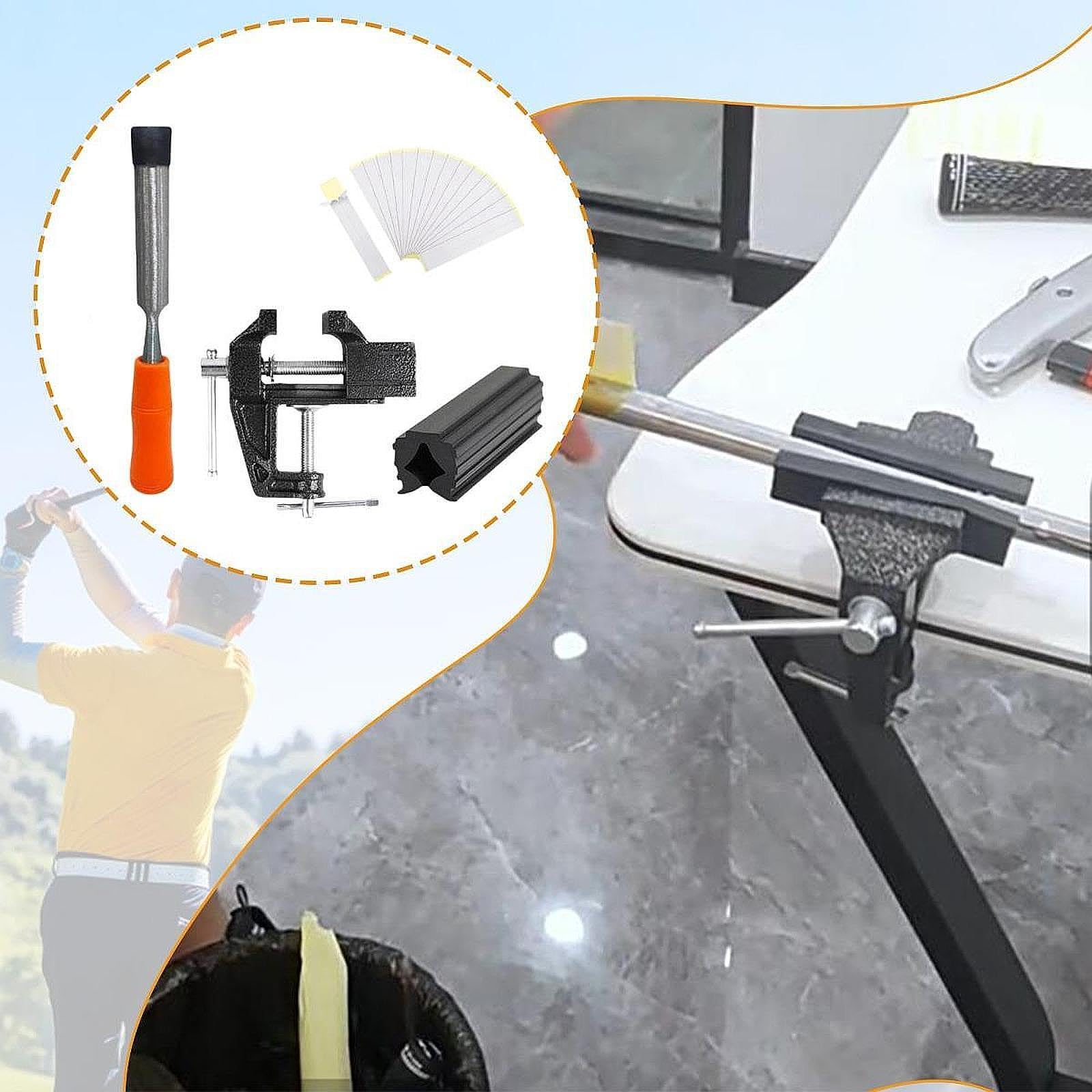 QSTDGVPW Golf Club Grip Kit Grip Tape Remover Easy to Use Professional 15 Tapes Shaft Protector Rubber Vise Clamp Table Vise, Orange Handle