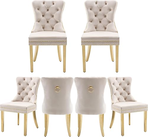 Miniatura 82 de Juego de 2 sillas de comedor, sillas de terciopelo copetudas con patas de acero inoxidable doradas, anillo de metal con ribete de remache, respaldo