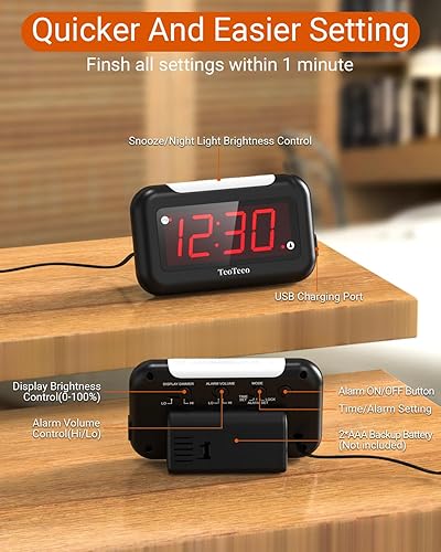 Miniatura 6 de TeoTeeo Reloj despertador de dígitos rojos, 2 niveles de luz nocturna para dormitorios, reloj digital enchufable con puerto de carga USB, volumen