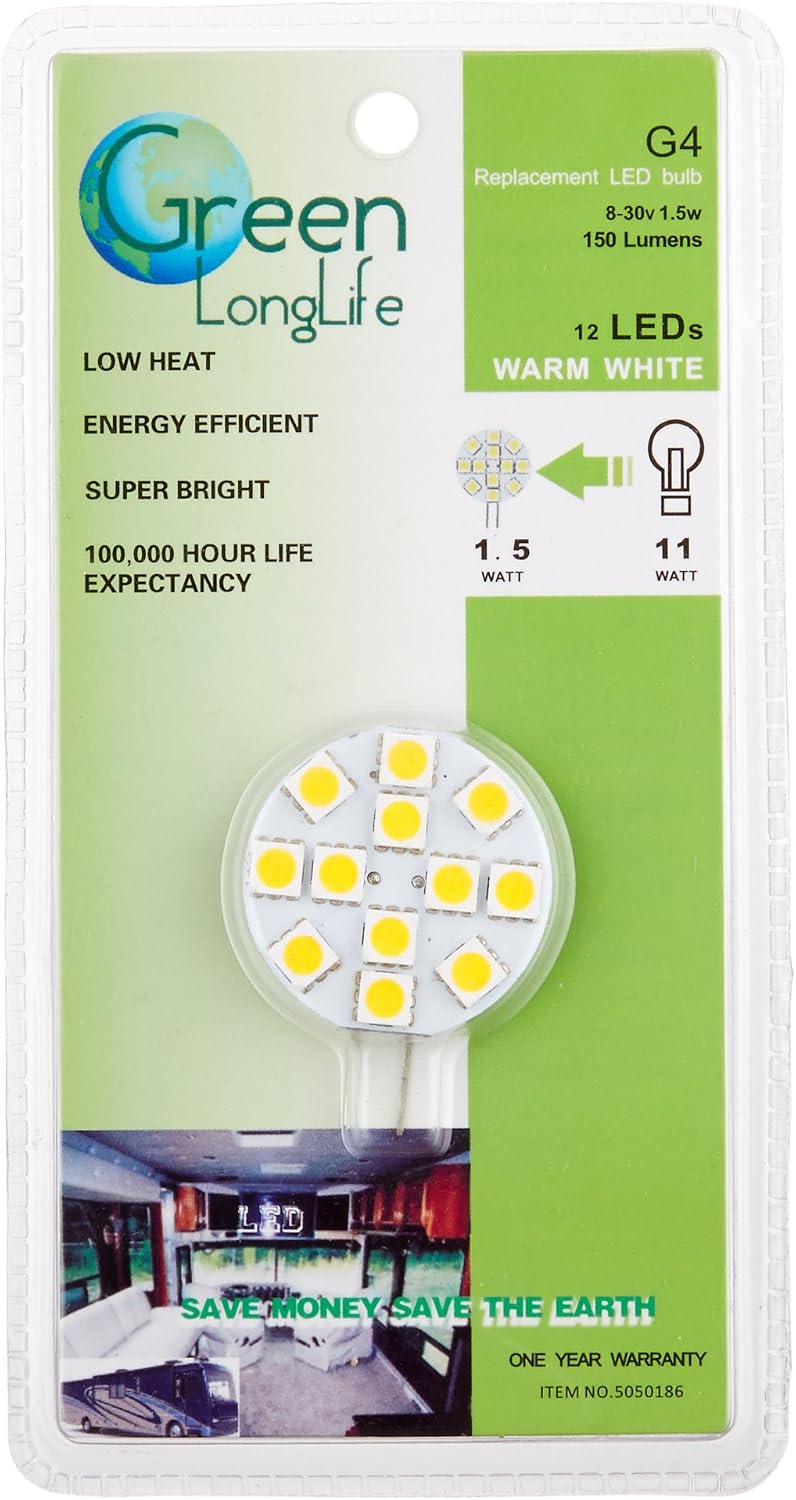 5050186 LED Replacement Light Bulb G4 base with "L" shape pins 150 Lumens 12v or 24v Warm White