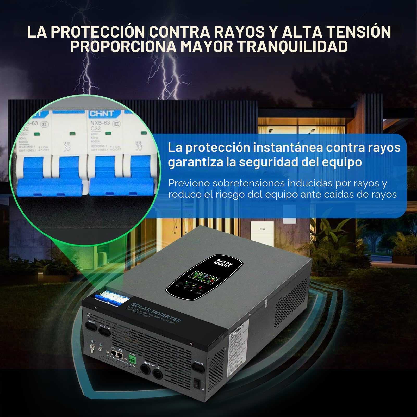 DATOUBOSS Inversor de Corriente Solar híbrido de 6000W,48V CC a 230V CA, inversor de Onda sinusoica Pura,120 A MPPT,Entrada fotovoltaica de 8000W,IP54 y admite Varias Unidades en Paralelo