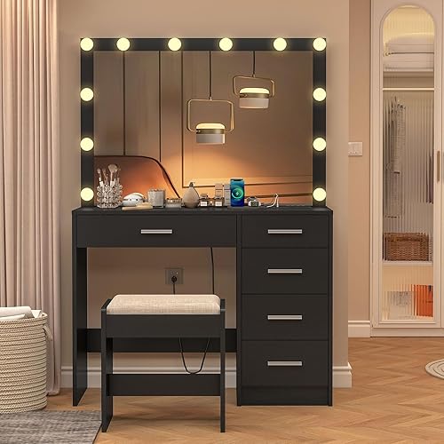 Miniatura 8 de usikey Tocador con Espejo y Luces, Tocador con Toma de Corriente, Tocador de Maquillaje con Espejo Grande y 5 Cajones, Mesa de Tocador con Taburete