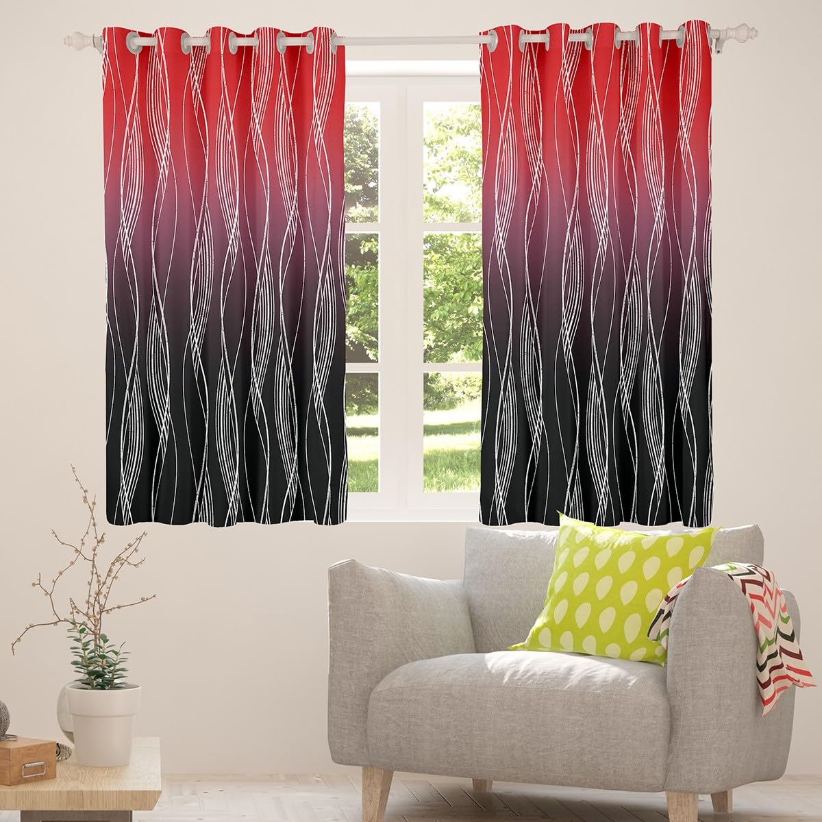 Homewish Red And Black 66" Wx90 L Blackout Curtains For Boys Bedroom Abstract Ombre Curtains & Drapes Gradient Geometric Silver Striped Window Curtains,Modern Fashion Window Treatments 2 Panels - Image 3