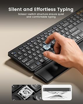 ProtoArc KM60 Wireless Bluetooth Keyboard and Mouse, Ergonomic Keyboard with Wrist Rest, Multi-Device, 2.4GHz + Dual Bluetooth, Full Size, Rechargeable, for Laptop/Computer/PC/Windows/Mac, Black