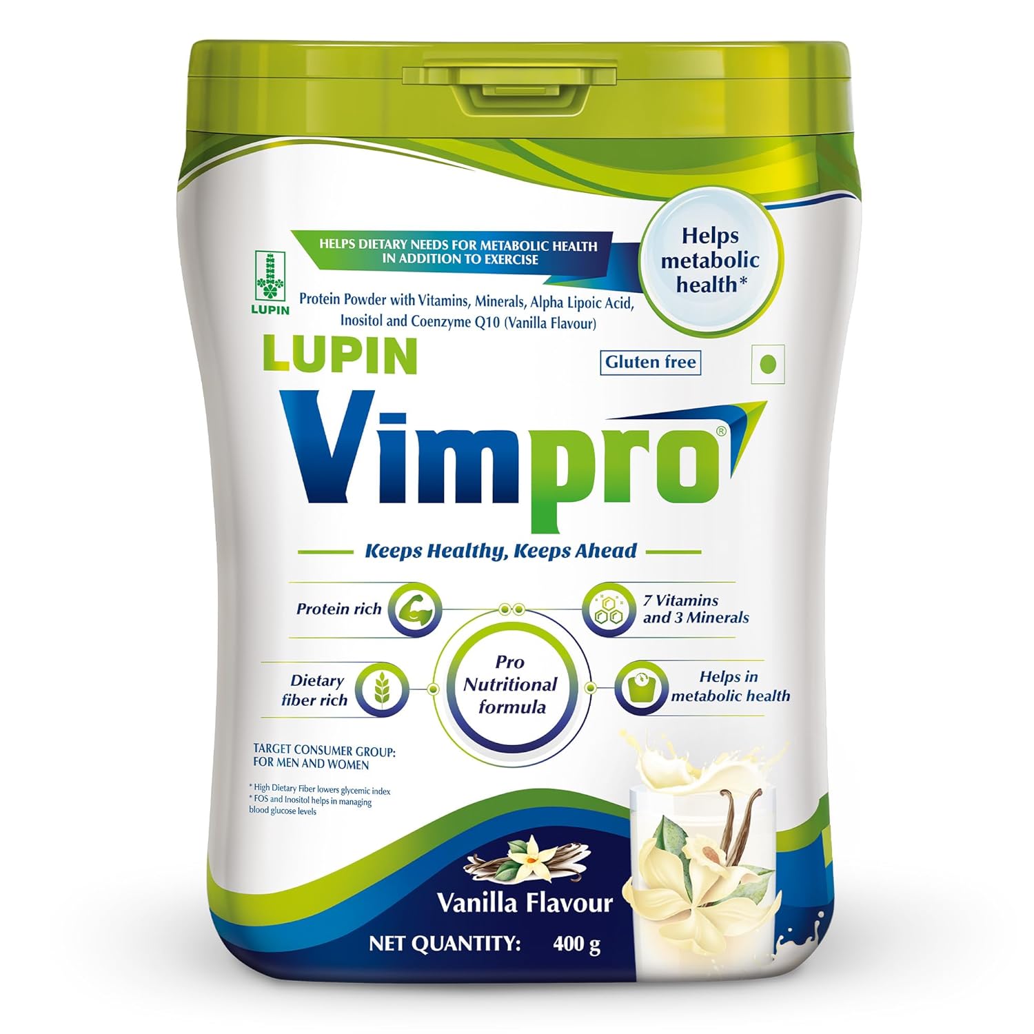 Lupin Vimpro Nutritional Vanilla Protein Powder, Supports Muscle Strength & Growth, Helps in Heart and Brain Health, Helps in Recovery, No Gluten, Protein Supplement with CoQ10, ALA, Inositol & FOS, With Vitamin Minerals & Protein, 400g