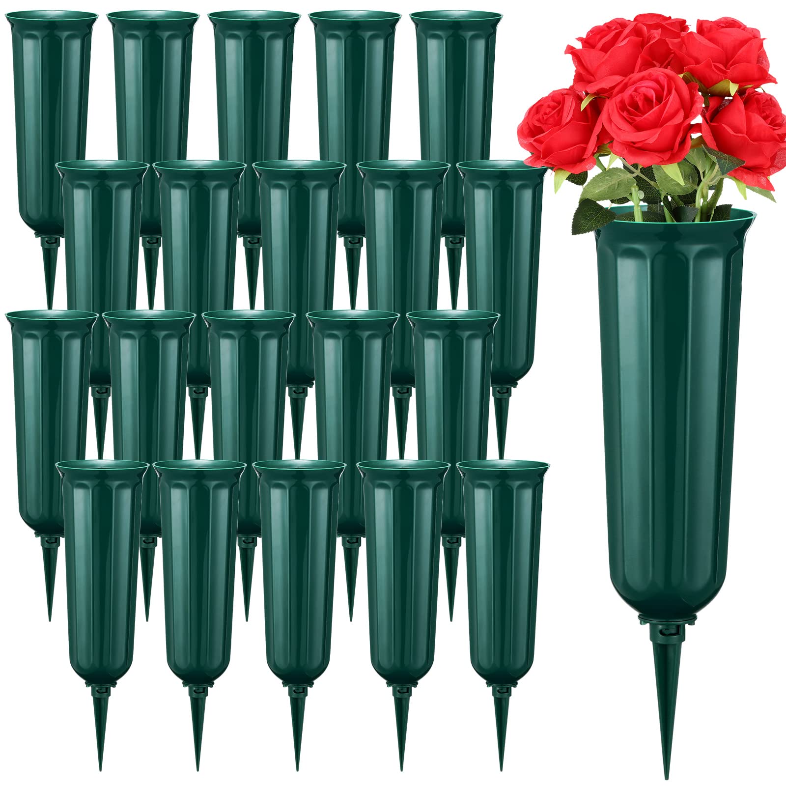 Vase de cimetière plastique vert avec pique pour décoration de tombe fleurie