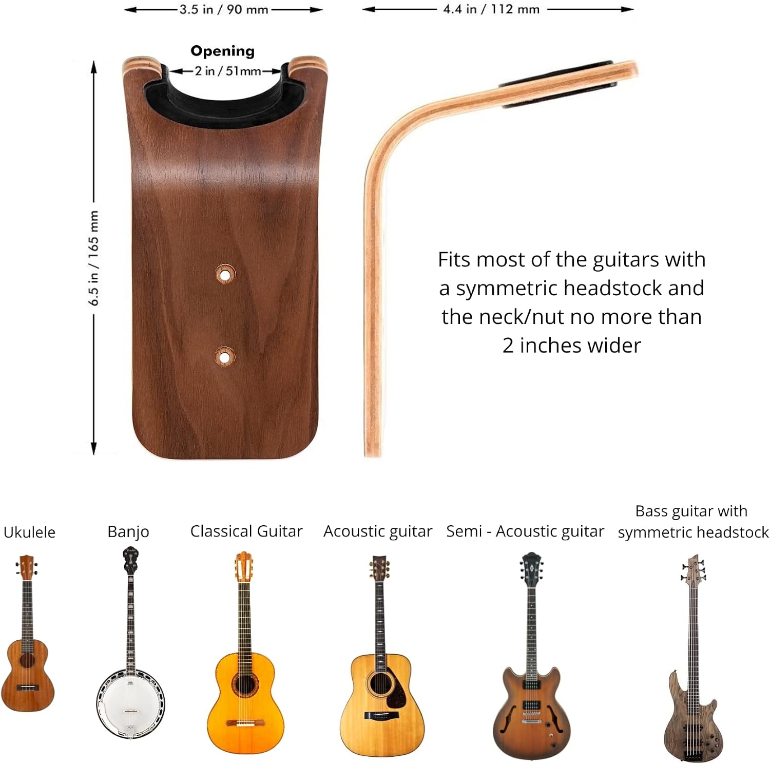 Guitar Wall Hanger - Secure Guitar Wall Mount for Acoustic/Ukulele - Space-Saving Guitar Accessories - Easy to Install Guitar Hook - Elegant Design Guitar Stand for Home/Studio Neck up to 2 in (50mm)