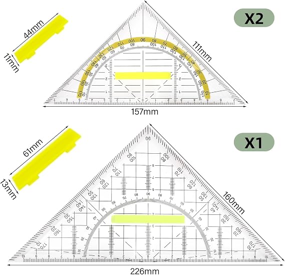 3 Piece Protractor Set, Mathematical Triangle Ruler with Handle, Square with Transparent Yellow Scale, Suitable for School, Drawing