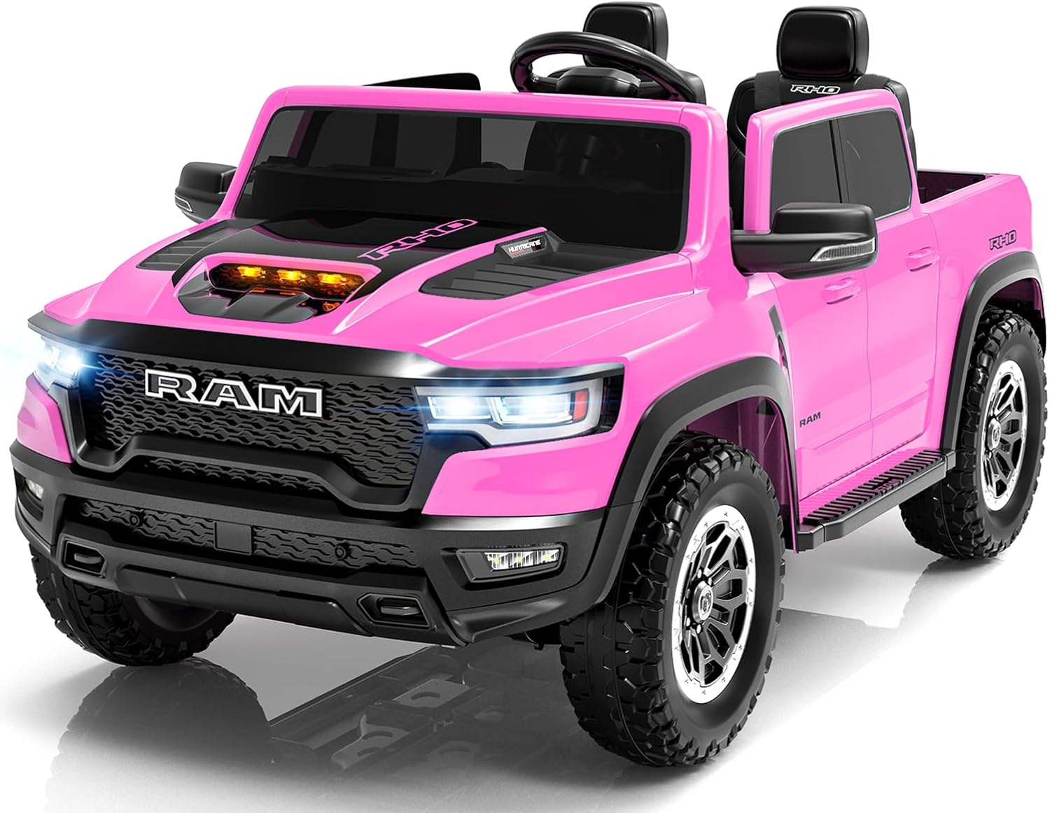Licensed RAM 1500 RHO 24V Ride on Car for Kids, 2 Seater Pink Car for Girls w/Remote Control, Kids Electric Car with LED Lights, Bluetooth, Music, 4 Wheels Suspension, Truck Bed Storage(Pink)