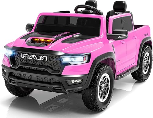 RAM 1500 RHO - Auto de paseo con licencia de 24 V para niños, auto rosa de 2 plazas para niñas con control remoto, automóvil eléctrico para niños