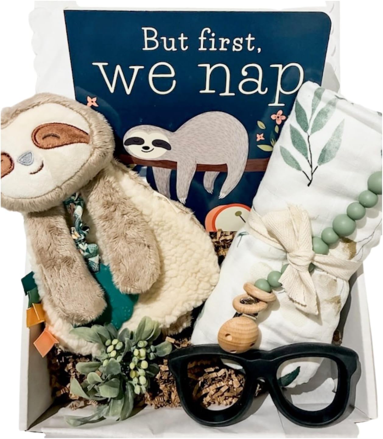 But First We Nap Sloth Baby Gift Box - Newborn Baby Gift Box with Book, Swadlle, Teether & pacifier Clip - Unisex Baby Boy, Girl