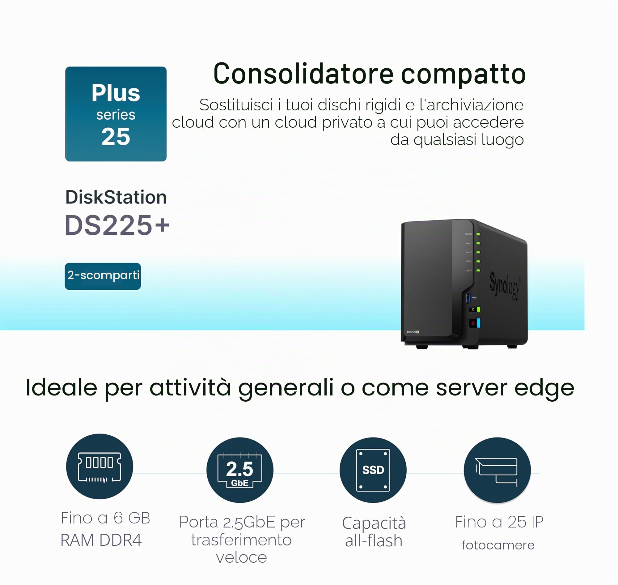 Synology DiskStation DS225+ a 2 alloggiamenti (senza disco)