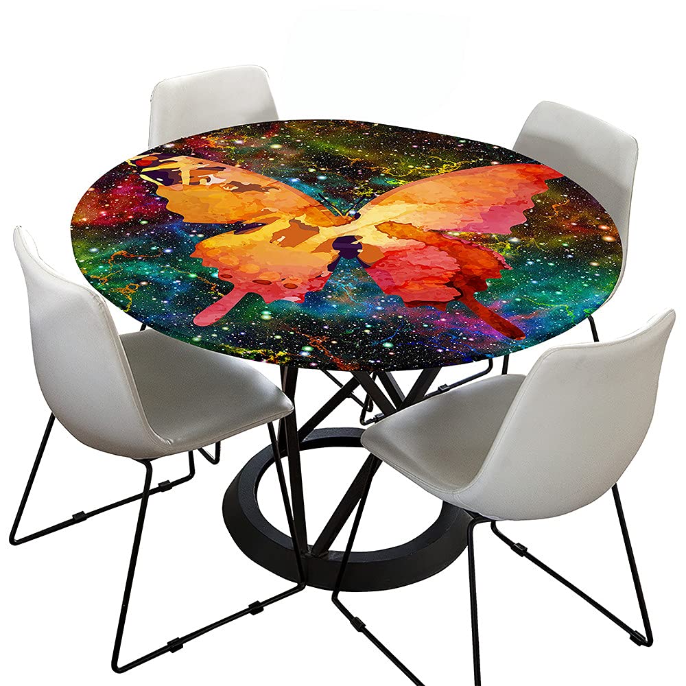 Treer-Shop Galaxy Round Tablecloth Fitted Elastic 3D Table Cloth, Treer Waterproof Dust-Proof Wipeable Polyester Table Cover Elastic Edge Butterfly Print Tablecloths For Kitchen Party Outdoors (,Round 90Cm)