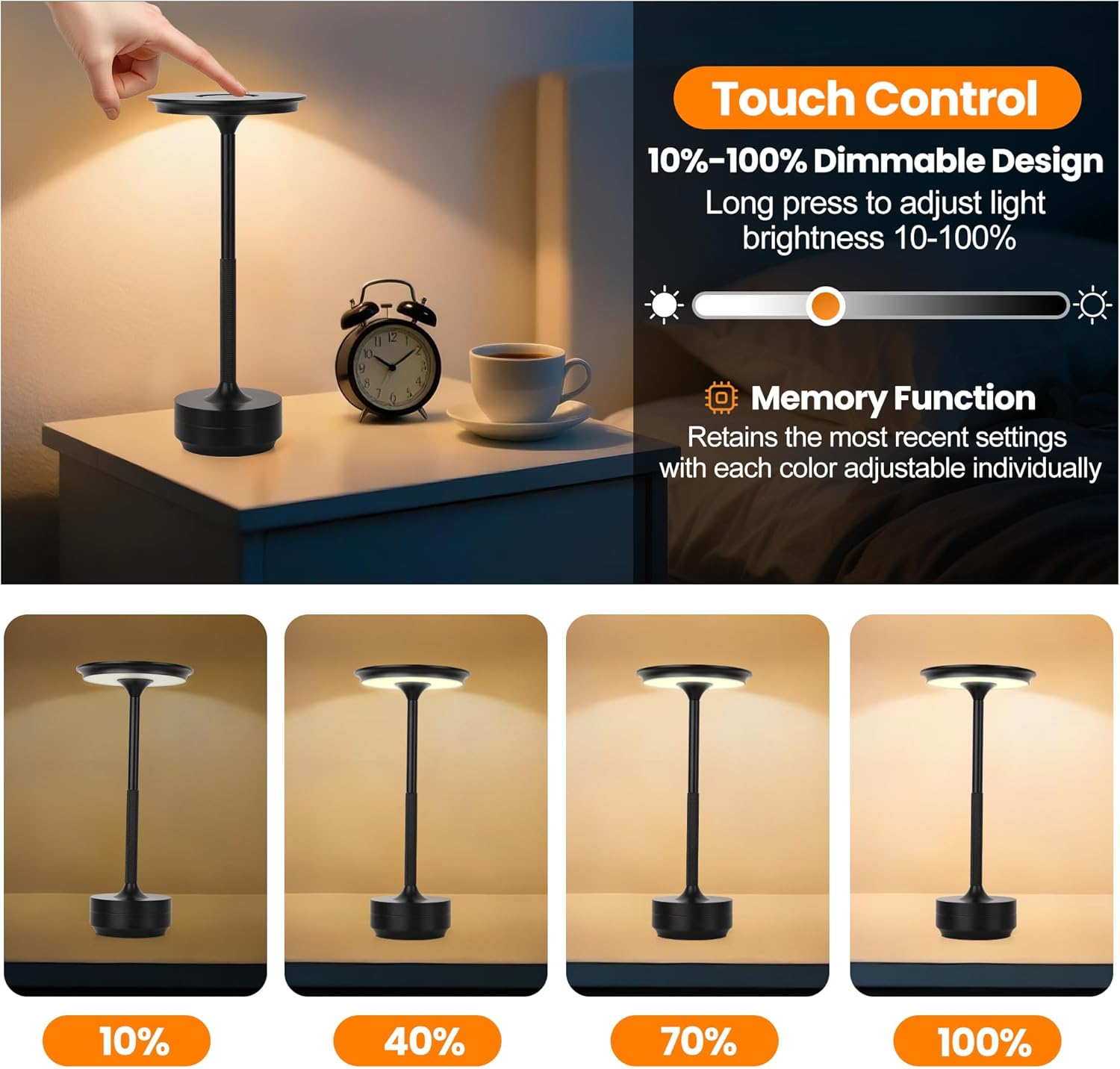 2-Pack Cordless Table Lamp Rechargeable 5000mAh, 3-Color Stepless Dimming Touch Sensor, Portable LED Desk Light for Bedroom, Nightstand, Camping, Patio (2-Pack Black)