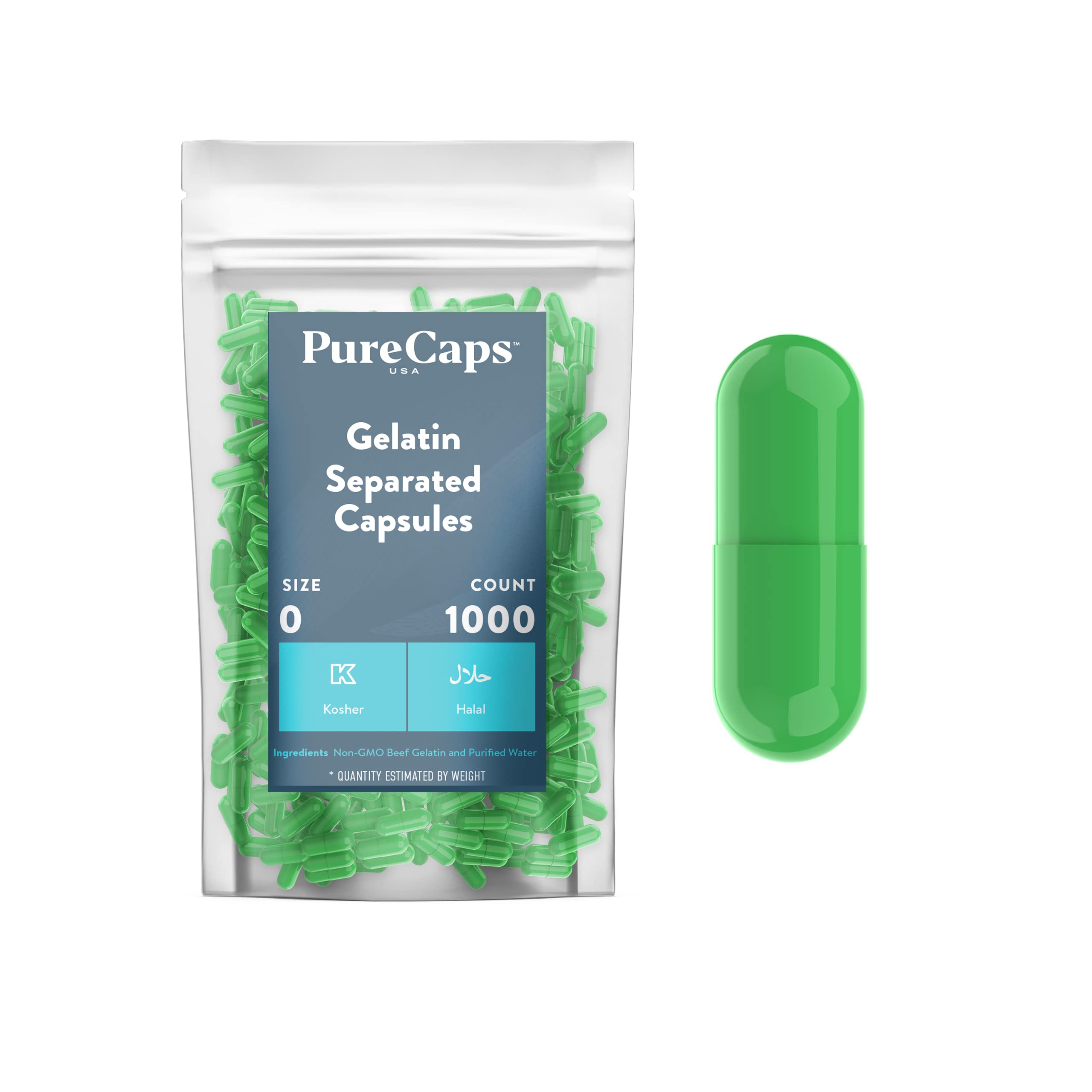 Purecaps USA - Empty Gelatin Pill Capsules Size 0| 1,000 Separated Pills| Green| Non-GMO Certified| SLS, Gluten, Preservative Free