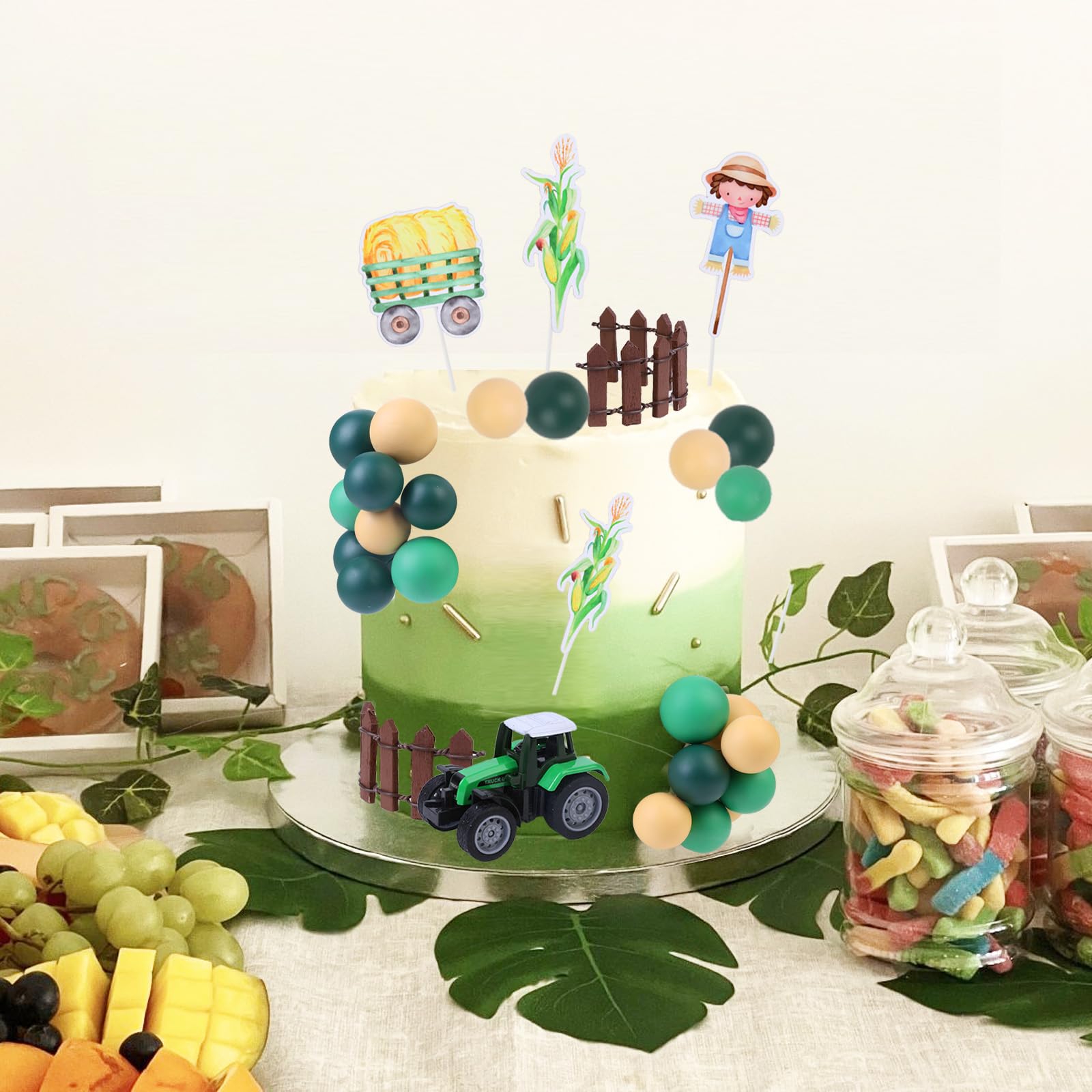 Cheereveal Decorazioni per torte a forma di trattore, per ragazzi, trattori verdi, baluardi, topper per cupcake, feste di compleanno a tema fattoria, baby shower, accessori fotografici