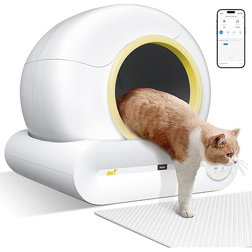 Self Cleaning Cat Litter Box, Smart Kitty Automatic Cleaning with APP, 68L+9L Low Entry Electric Litter Tray for Multiple Cats, Auto Litter Box with Mats Liners, Yellow