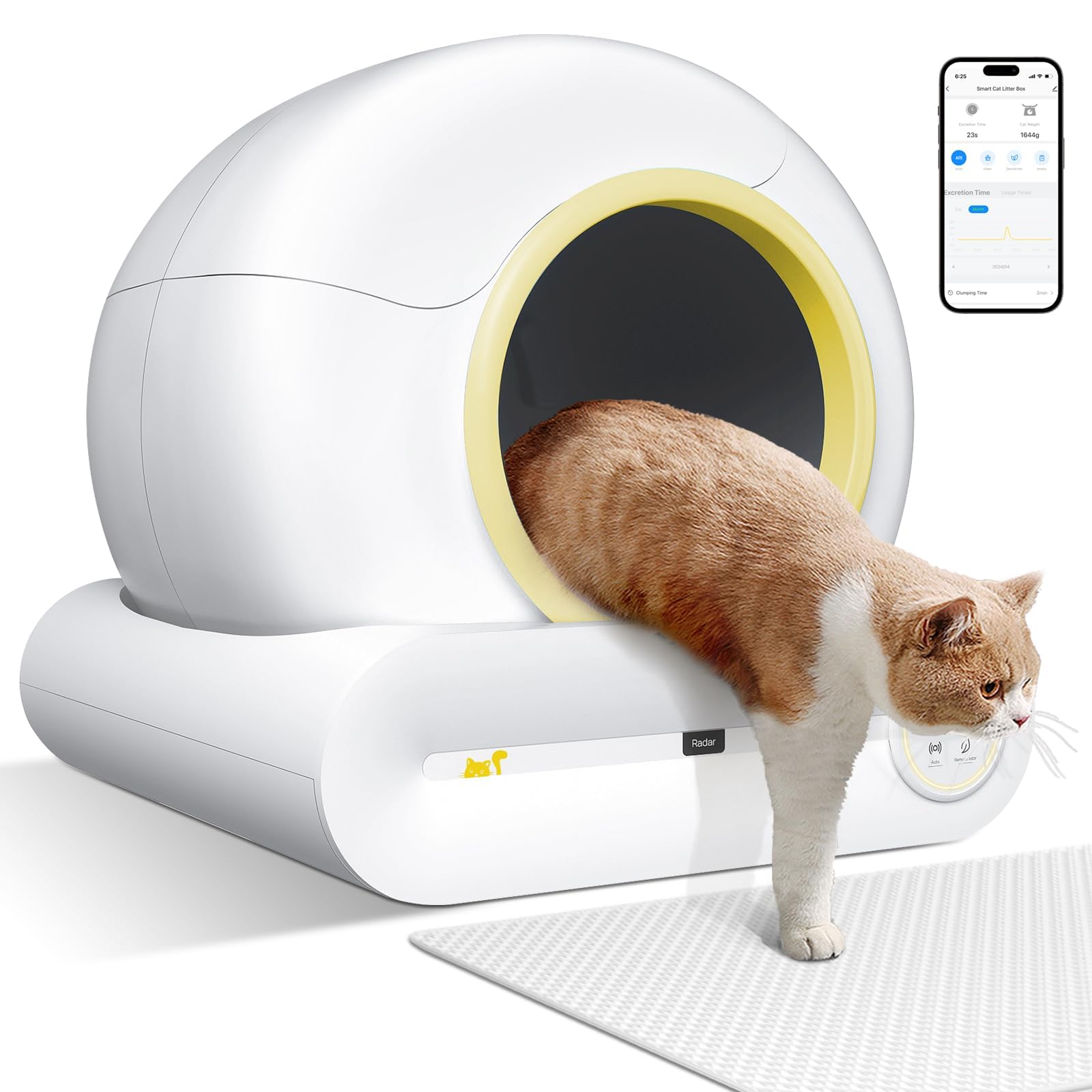 Self Cleaning Cat Litter Box, Smart Kitty Automatic Cleaning with APP, 68L+9L Low Entry Electric Litter Tray for Multiple Cats, Auto Litter Box with Mats Liners, Yellow