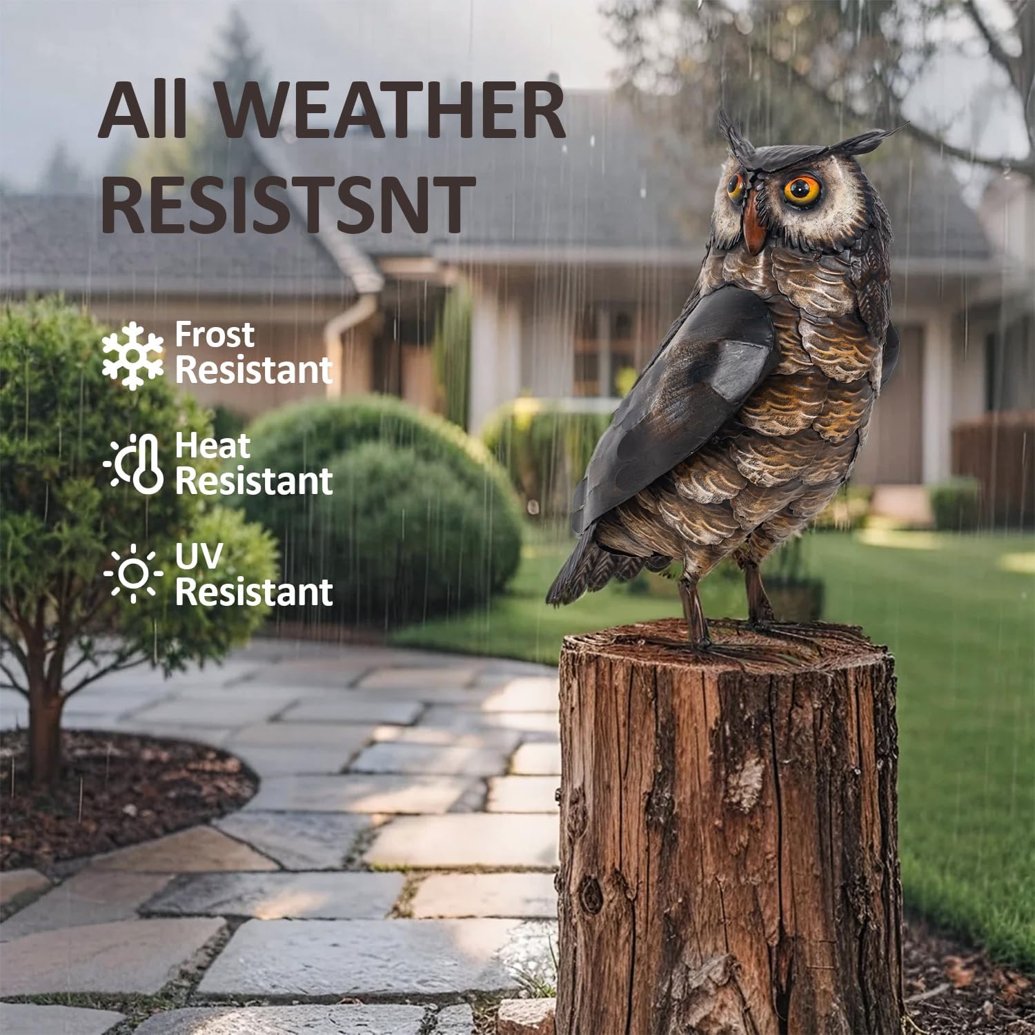Natelf Garden Owl Sculptures & Statues, Standing Metal Bird Yard Art Sculpture for Patio Backyard Pond Outdoor Decorations (Brown-1)